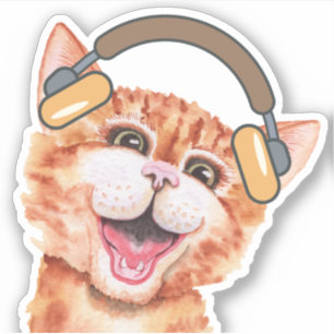 Cute Watercolor Cat Listening to Music