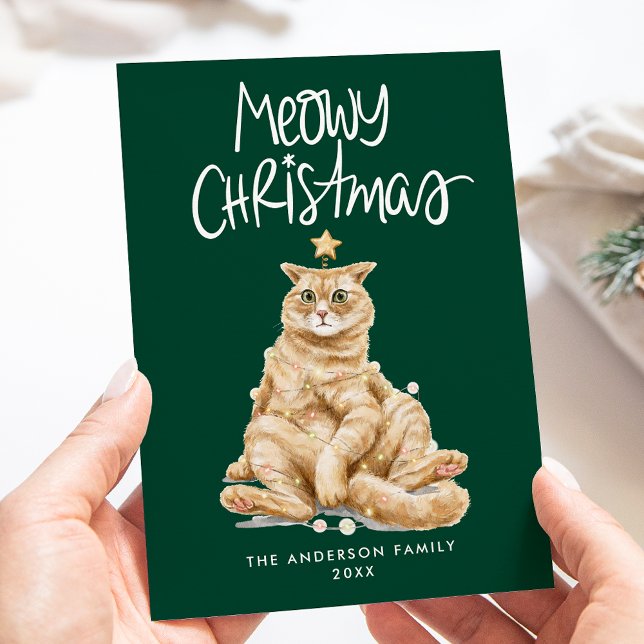 Cute Watercolor Cat Meowy Christmas Non-Photo Holiday Card (Creator Uploaded)