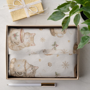 Cute Watercolor Cat Mug Holly Snowflake Christmas Tissue Paper