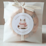 Cute Watercolor Cat Personalised Merry Christmas Classic Round Sticker<br><div class="desc">These cute holiday stickers feature an adorable pink and beige watercolor cat in a cosy pink scarf. The words "Merry Christmas" appear in beige serif font,  with your family's name below.</div>