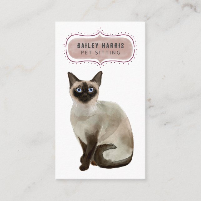 Cute Watercolor Cat Pet Sitter Business Card (Front)