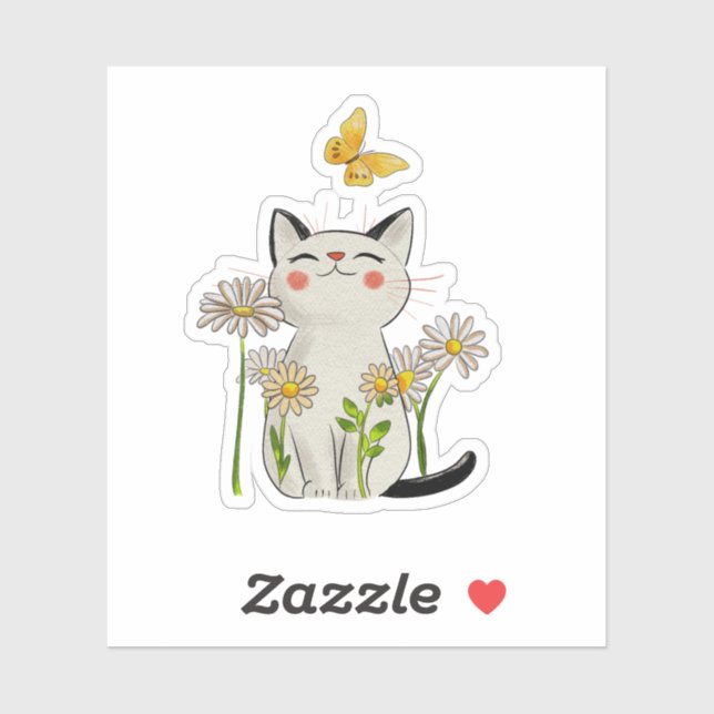 Cute Watercolor Cat with Daisies and Butterfly (Sheet)