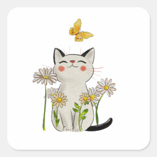 Cute Watercolor Cat with Daisies and Butterfly Square Sticker