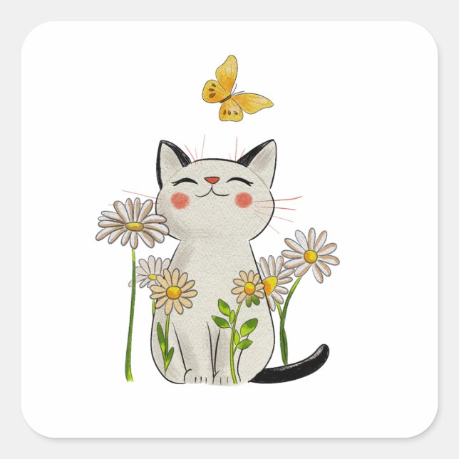 Cute Watercolor Cat with Daisies and Butterfly Square Sticker (Front)