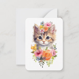 Cute Watercolor Cat with Flowers Card