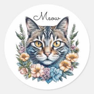 Cute Watercolor Cat with Flowers   Classic Round Sticker