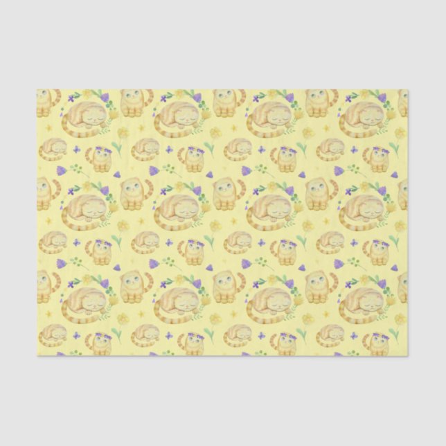 Cute Watercolor Cats and Flowers Pattern Yellow Tissue Paper (Front)