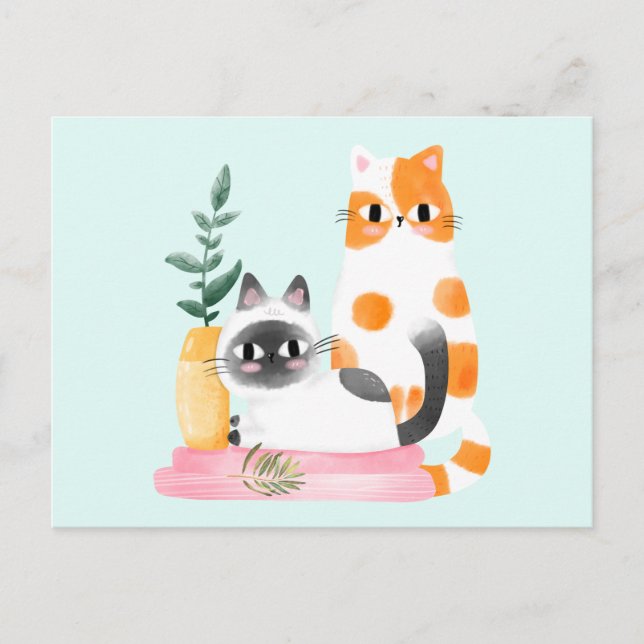 Cute Watercolor Cats and Plants  Postcard (Front)