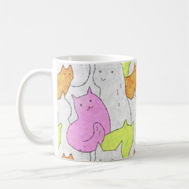 Cute Watercolor Cats Doodle Pattern Coffee Mug (Left)