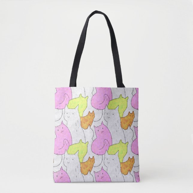 Cute Watercolor Cats Doodle Pattern Tote Bag (Front)
