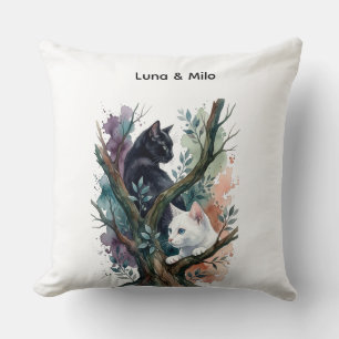 Cute Watercolor Cats Floral Custom Name Cushion