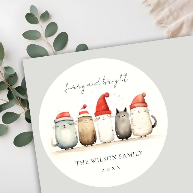 Cute Watercolor Cats Furry and Bright Christmas Classic Round Sticker (Creator Uploaded)