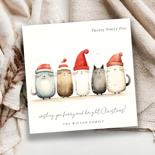 Cute Watercolor Cats Furry and Bright Christmas Holiday Card (Creator Uploaded)
