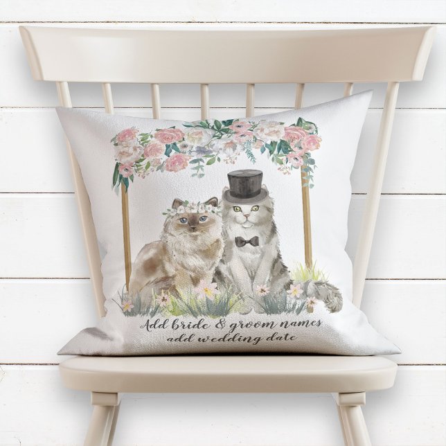 Cute Watercolor Cats Just Married Wedding Keepsake Cushion (Creator Uploaded)