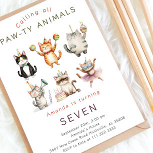 Cute Watercolor Cats Kitten Paw Ty Birthday Party  Invitation