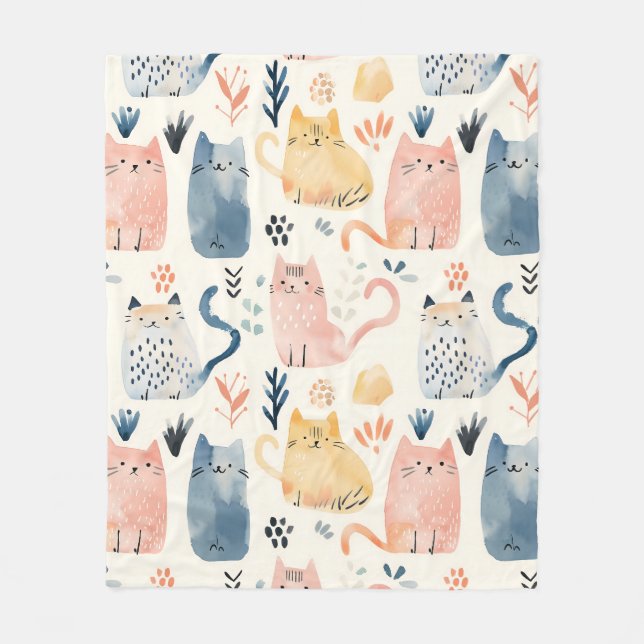 Cute watercolor cats pattern fleece blanket (Front)