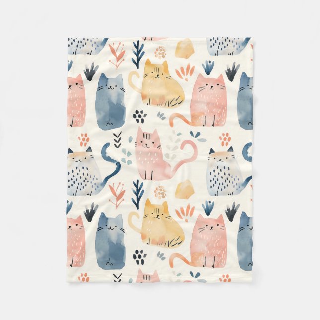 Cute watercolor cats pattern fleece blanket (Front)