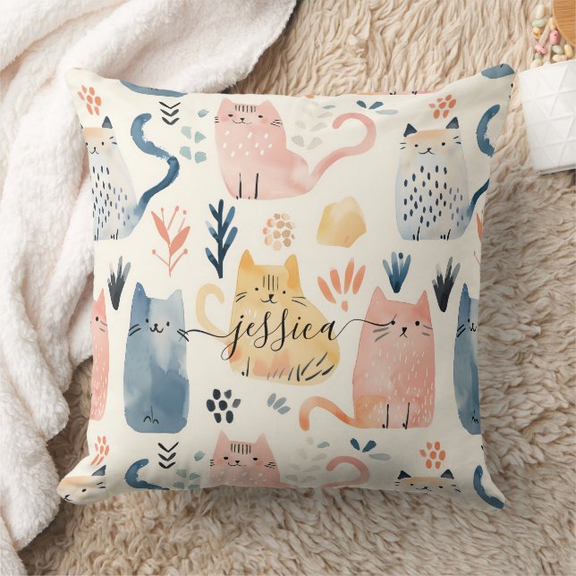 Cute watercolor cats pattern script name cushion (Blanket)