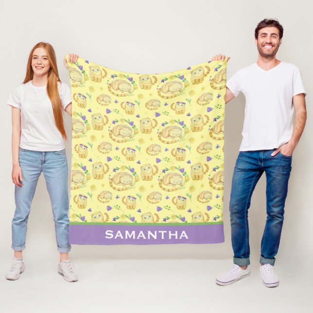 Cute Watercolor Cats Personalised Yellow Fleece Blanket (In Situ)