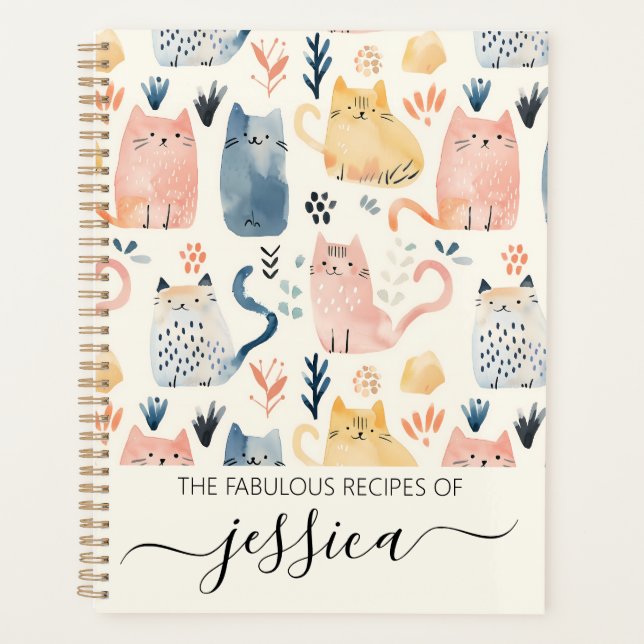 Cute watercolor cats script name recipe planner (Front)