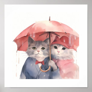 Cute Watercolor Cats with Pink Umbrella  Poster