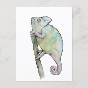 Cute watercolor chameleon postcard