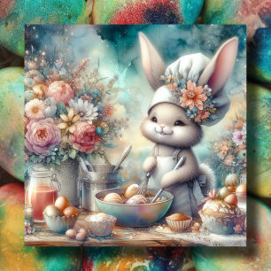 Cute Watercolor Chef Bunny Colouring Easter Eggs Holiday Card