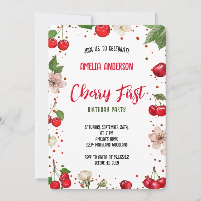 Cute watercolor Cherry 1st Birthday Party Invitation (Front)