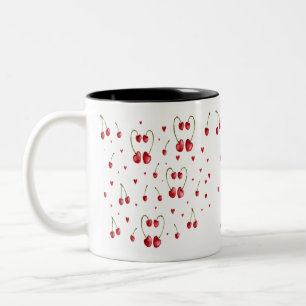 Cute Watercolor Cherry and Heart Pattern Two-Tone Coffee Mug