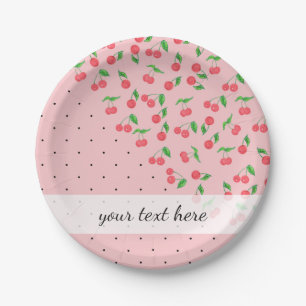 cute watercolor cherry black polka dots pattern paper plate