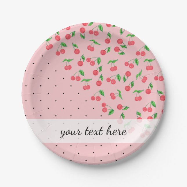 cute watercolor cherry black polka dots pattern paper plate (Front)