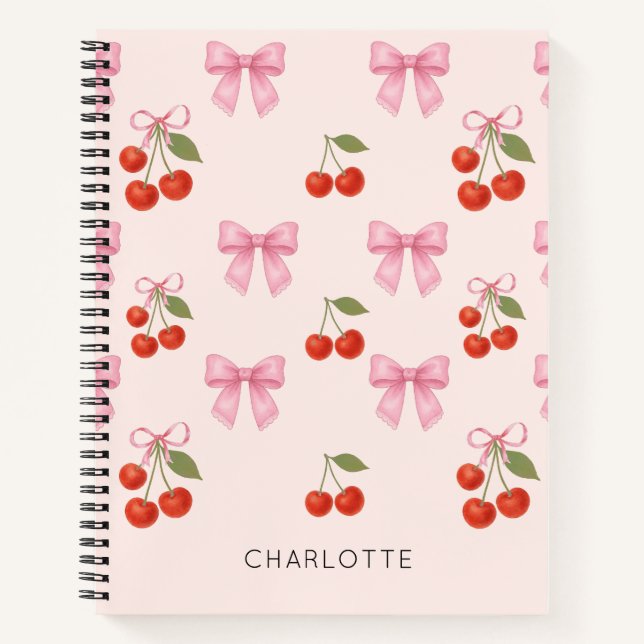 Cute Watercolor Cherry Bow Coquette Pattern Notebook (Front)