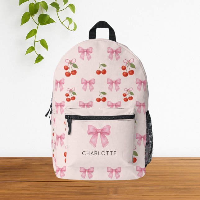 Cute Watercolor Cherry Bow Coquette Pattern Printed Backpack (cute girly watercolor pink coquette bow cherry pattern backpack)
