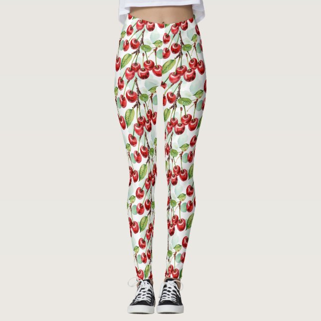 Cute Watercolor Cherry Pattern Mid-Century Leggings (Front)