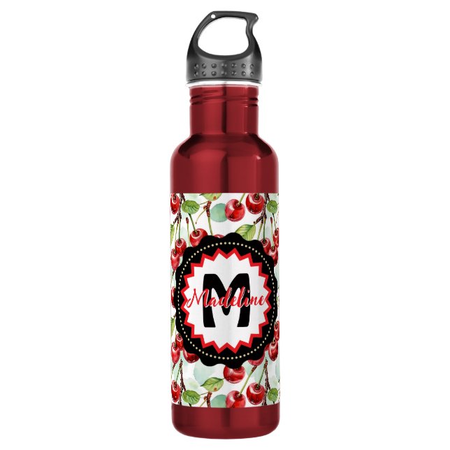 Cute Watercolor Cherry Pattern Personalised 710 Ml Water Bottle (Front)