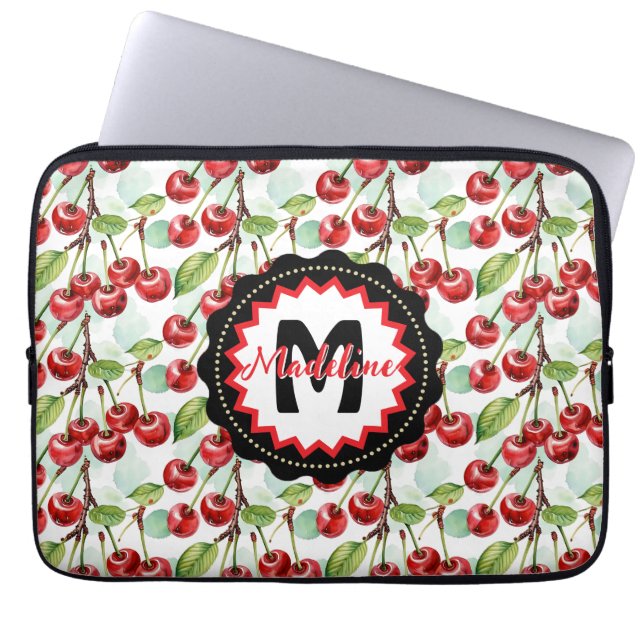 Cute Watercolor Cherry Pattern Personalised Laptop Sleeve (Front)
