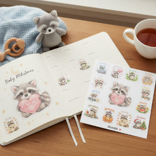 Cute Watercolor Chibi Raccoon Monthly Milestone