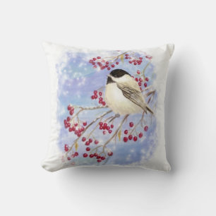 Cute Watercolor Chickadee Berries Snow Scene Art Cushion