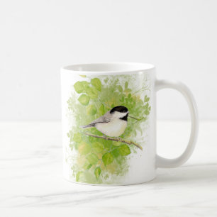 Cute Watercolor Chickadee Bird in Poplar Tree Coffee Mug