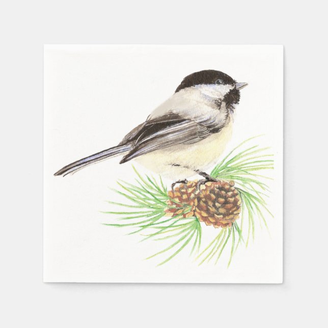 Cute Watercolor Chickadee Bird Pine Tree Napkin (Front)