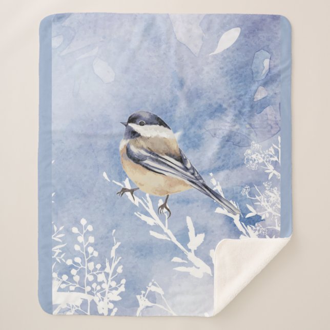 Cute Watercolor Chickadee Bird Winter Frost Blue Sherpa Blanket (Front)