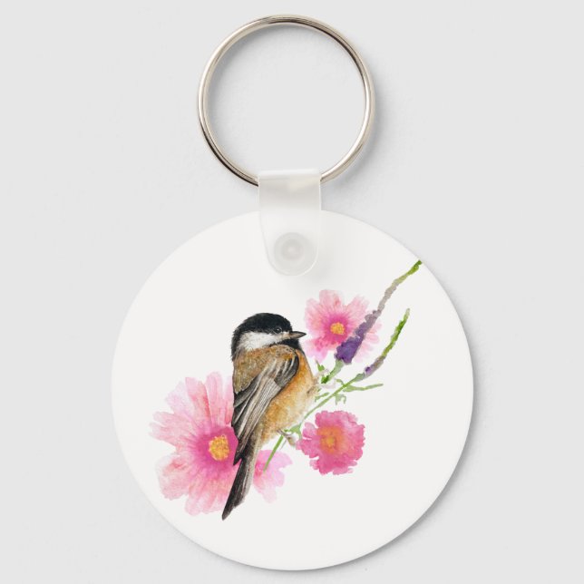 Cute Watercolor Chickadee Flowers Art Key Ring (Front)