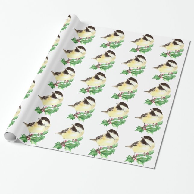 Cute Watercolor Chickadee Holly Berry Christmas Wrapping Paper (Unrolled)