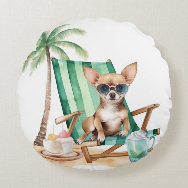 CUTE WATERCOLOR CHIHUAHUA DOG ON THE BEACH ROUND CUSHION (Front)