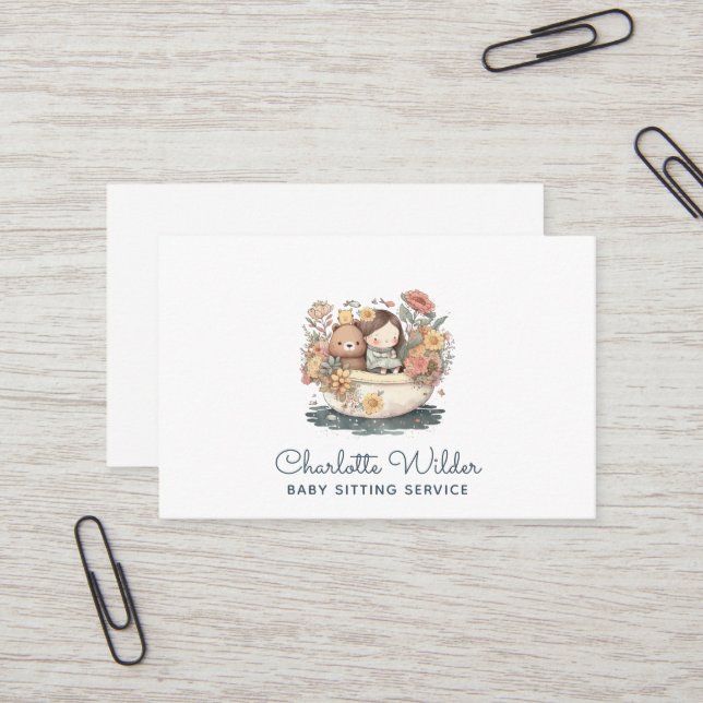 Cute Watercolor Child Baby Sitter Business Card (Front/Back In Situ)