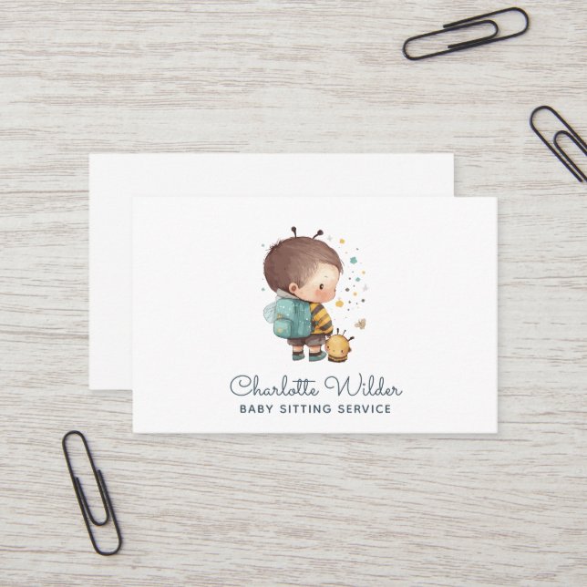 Cute Watercolor Child Baby Sitter Business Card (Front/Back In Situ)