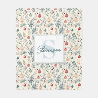 Cute Watercolor Christmas Aesthetic Greenery  Fleece Blanket