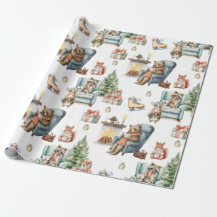 Cute Watercolor Christmas Animals Wrapping Paper
