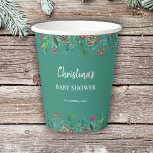 Cute Watercolor Christmas Baby Shower Green Paper Cups