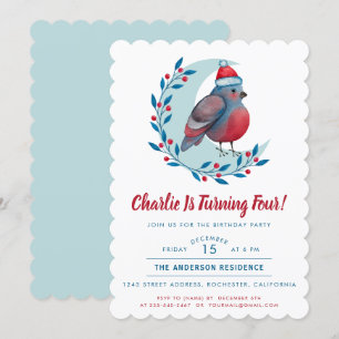 Cute Watercolor Christmas Bird  Kid Birthday Party Invitation